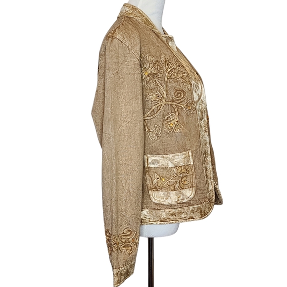 JACKET FLASHBACK Brown/Gold Embroidery Rhinestones Buttons Pockets Sz Lg - Picture 3 of 16